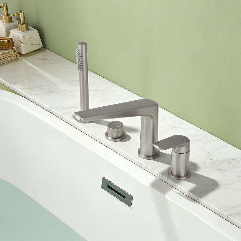 4-Hole Tub Faucet With Hand Shower, Solid Brass Bathtub Faucet Set, Brushed Nickel