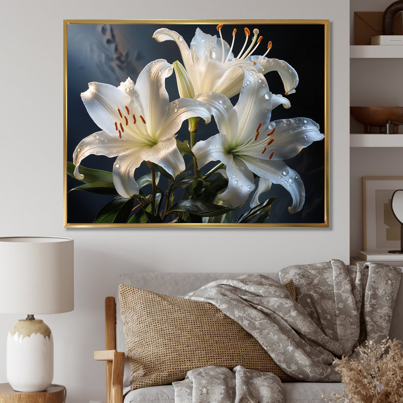 " Black White Lilies Elegance I ", Cadre flottant doré, H 12 po x l 20 po x P 1 po