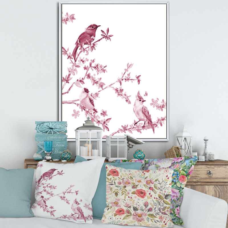 Beaux oiseaux roses - peinture sur toile, Cadre blanc, H 40 po x l 30 po x 1,5 po
