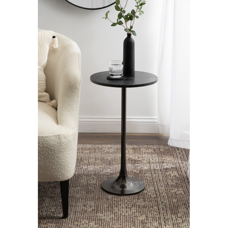 Round Marble Top Side Table, Black, Pewter, 24" H x 14" W x 14" D