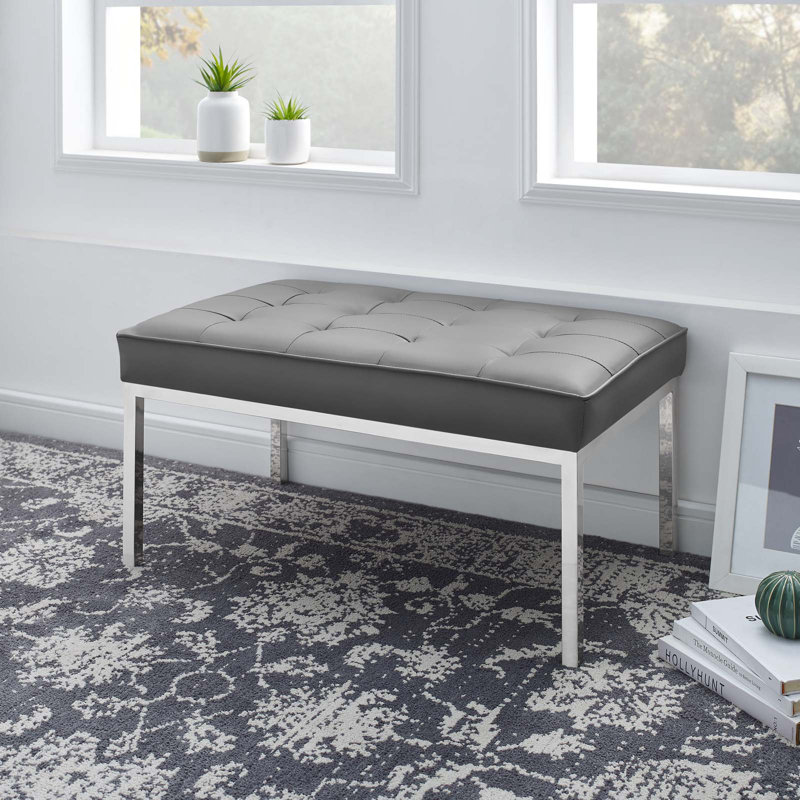 Banc en cuir capitonné Loft, H 17,5 po x l 34 po x P 20 po, Gris/argent