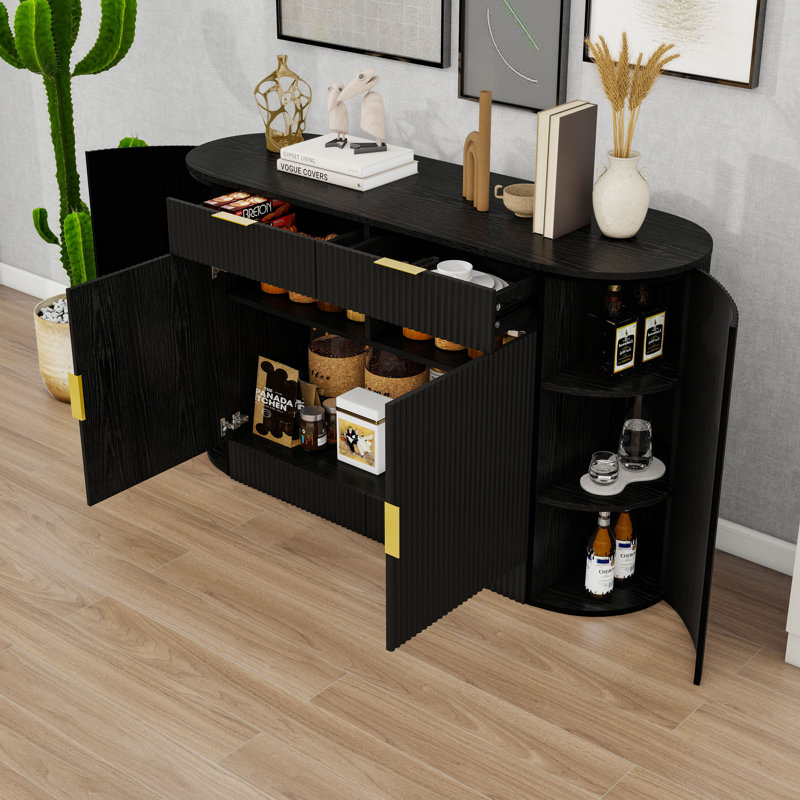 2-Drawer Sideboard with Curved Doors and 3-Tier Shelves for Living Room, Black
