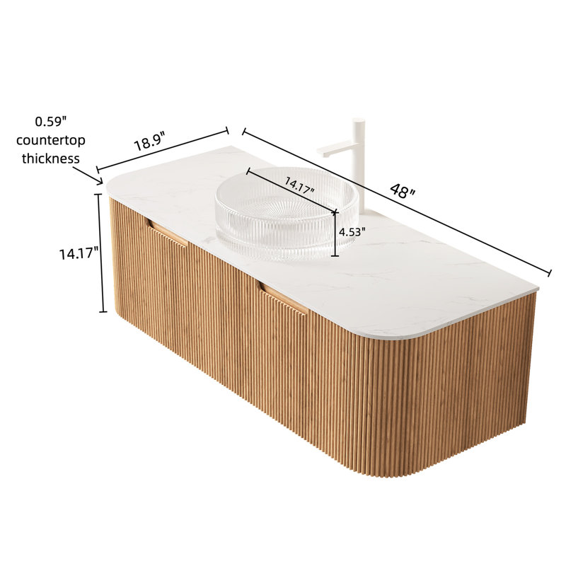 Meuble-lavabo flottant 48 po avec lavabo en verre cristal blanc, armoire de rangement, 2 tiroirs, pré-assemblé