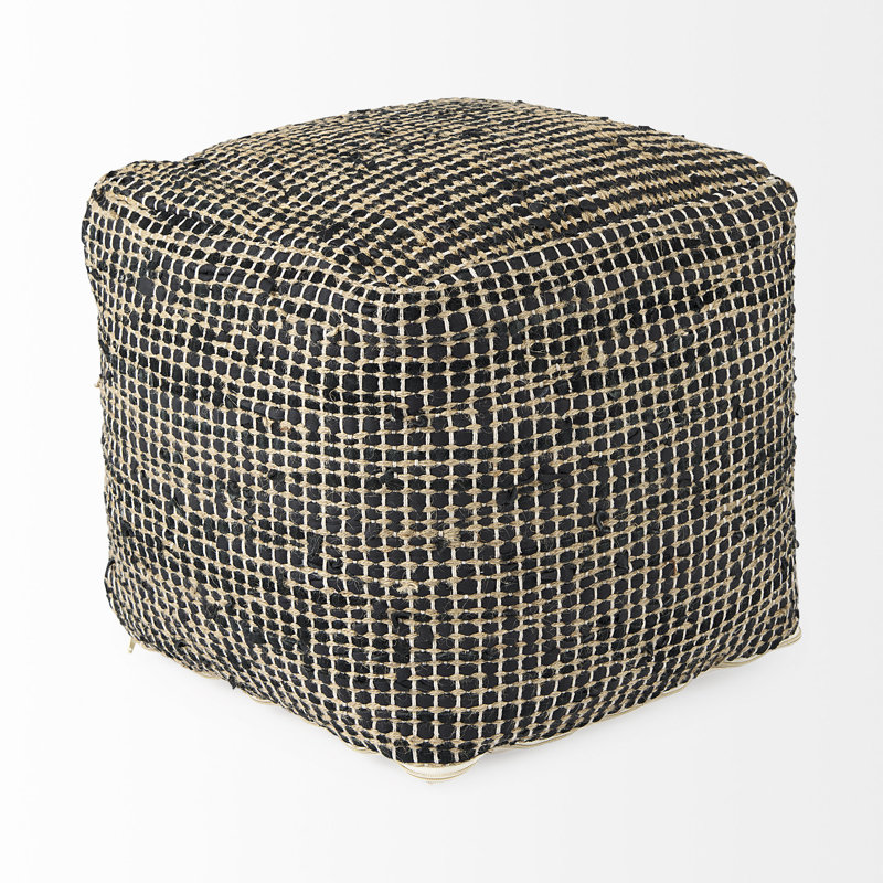 0H Leather And Jute Pouf, Charcoal