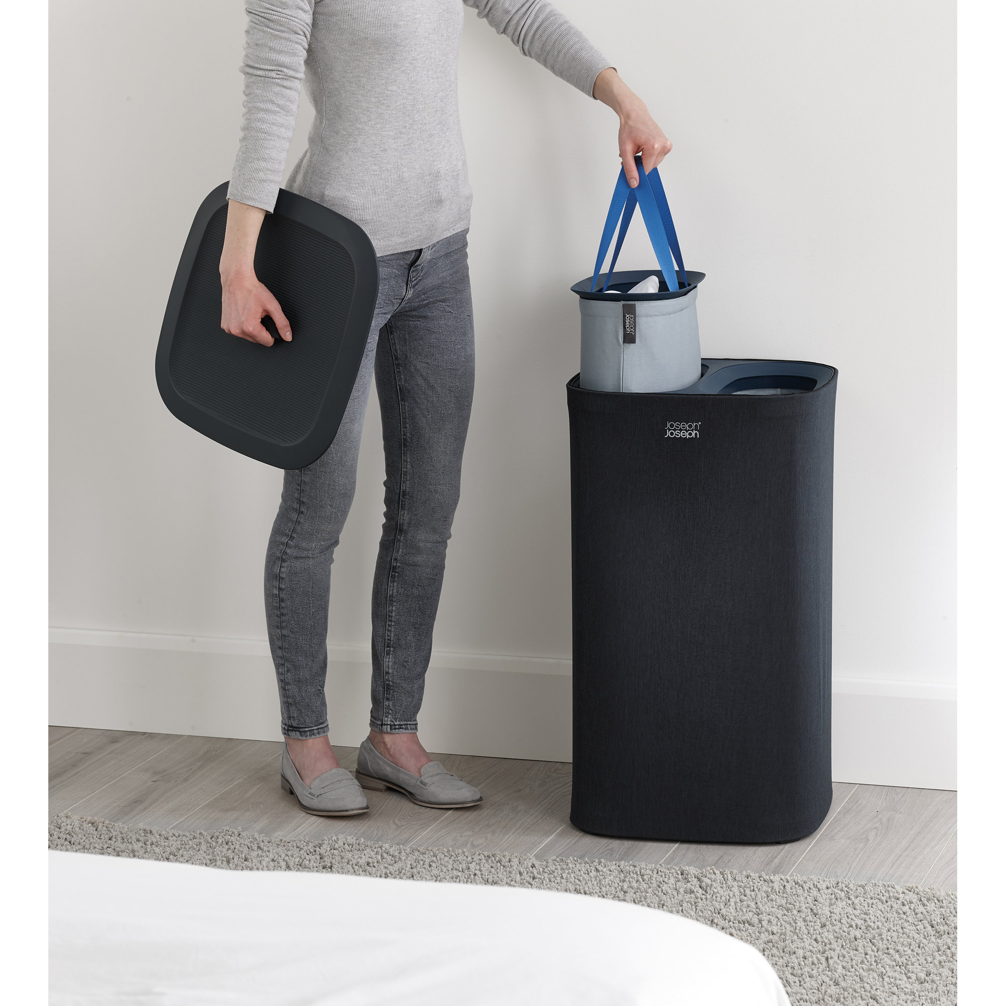 Joseph Joseph Tota Laundry Hamper Separation Basket with Lid, 60-Liter (15.75"  x 15.75" x 28"), Carbon Black