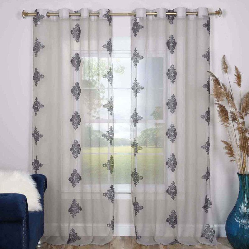 Patric Lightweight Damask Sheer Grommet Curtain Panels, 52" x 63", Charcoal