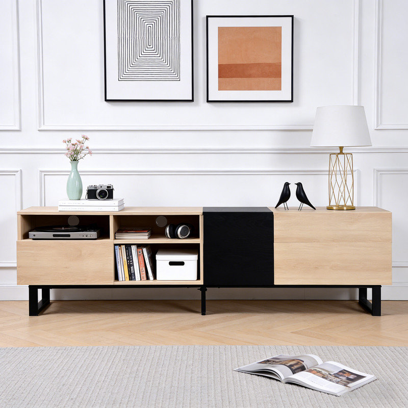 Meuble télé 80 po avec porte rabattable et rangement double, console multimédia pour salon et cinéma maison, Bois naturel