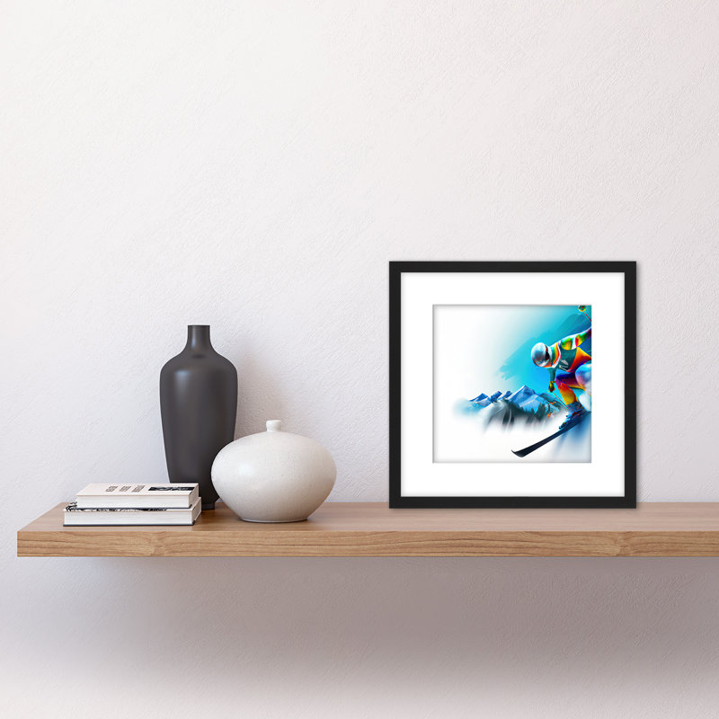 Skier Skiing Motion Snow Mountain Blue - Single Picture Frame Painting