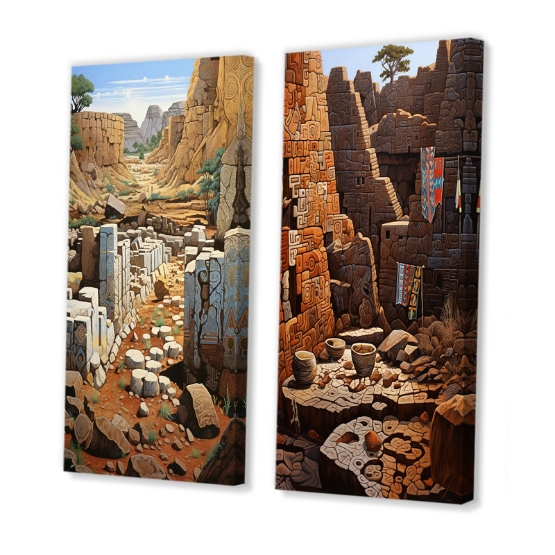 Amérindien, ruines anciennes en Amérique - ensemble de salon mural 2 ruines, Toile tendue, H 40 po x l 41 po