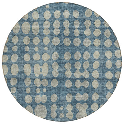 8' Denim Blue And Gray Round Abstract Washable Indoor Outdoor Area Rug