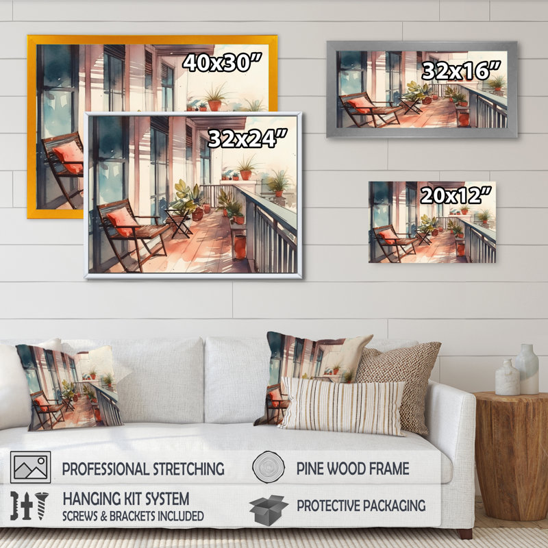 Rosegret capturant le bonheur d'une terrasse d'été I sur toile, H 34 po x l 44 po x P 1,5 po, Cadre photo noir
