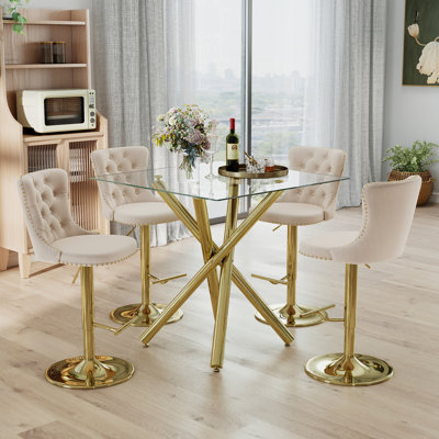Modern 3/5-Piece Bar Table Set with Tempered Glass Top and Sturdy Metal Base, Velvet Swivel Bar Stools with Adjustable Height, for the Kitchen, Dining Room, and Entertainment Areas