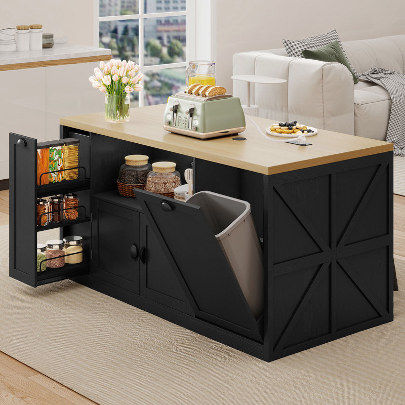 Îlot de cuisine de 160 cm avec rangement, étagère à épices, poubelle et prise électrique, Noir
