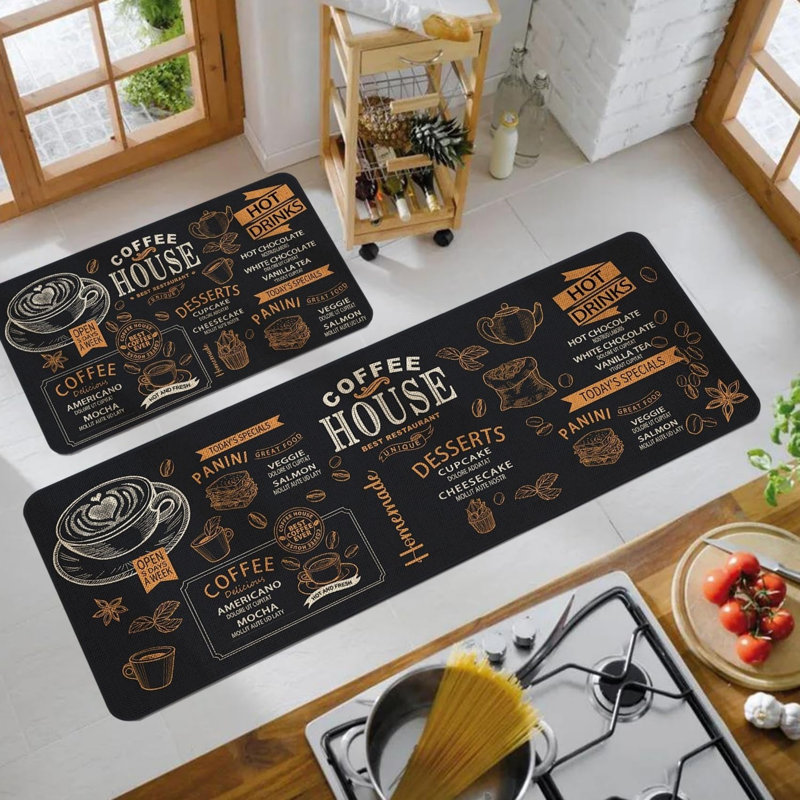 Ensemble de 2 tapis de cuisine à motif de croquis Coffee House, noir et brun