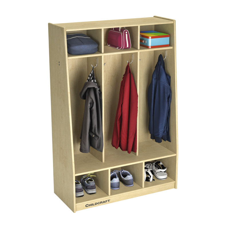 Birch Veneer 3-Tier Cubby Coat Locker with Aluminum Hooks