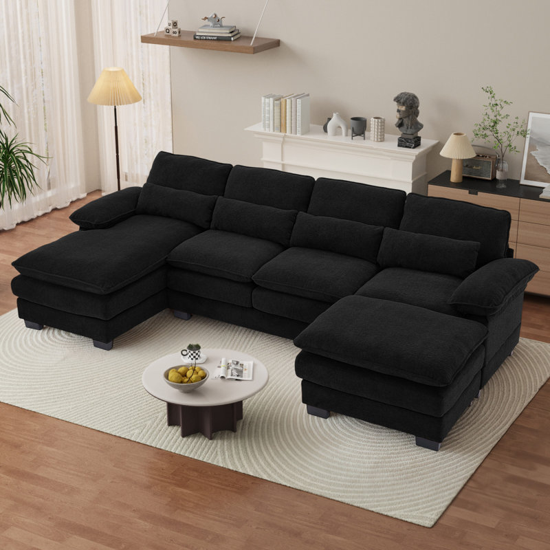  113''W Modern U Shape Sectional Couch Oversized Wide Armrest Sectional Sofa, Black Polyester
