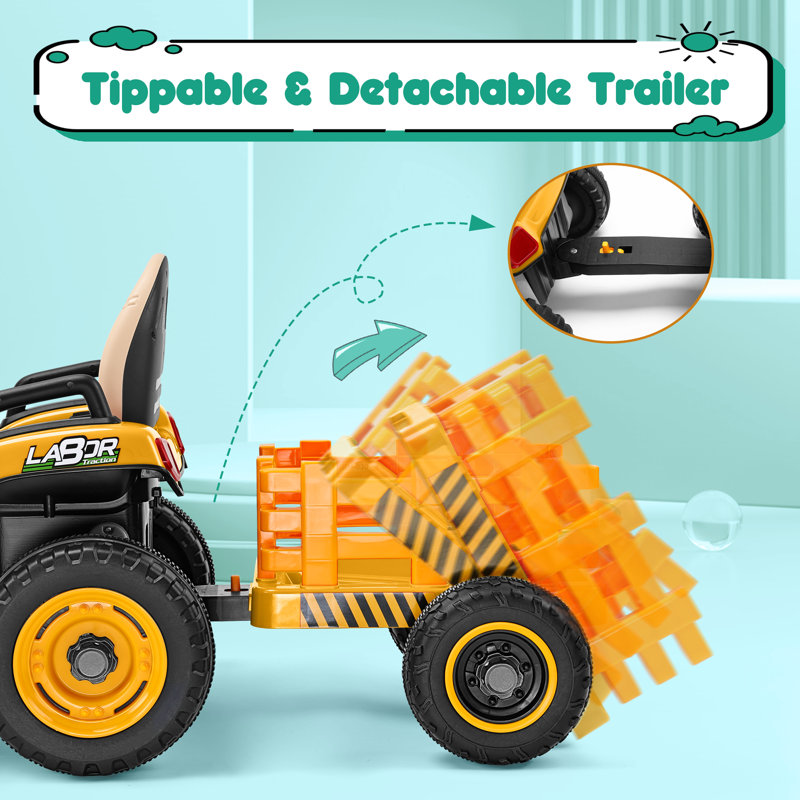Yellow 12V Ride-On Tractor with Trailer and LED Lights