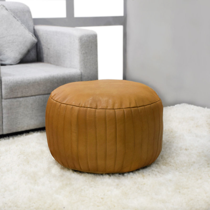BBH HOMES HANDMADE ECO-FRIENDLY ROUND SHAPED STUFFED BUFFALO LEATHER BROWN POUF - 21" x 21" x 12", Round Shape, Brown Color, Plain Solid Design, Genunie Buffalo Leather, Recycled Cotton Stuffed, Seating Pouf For Living Room, Study Room, Patio & Office