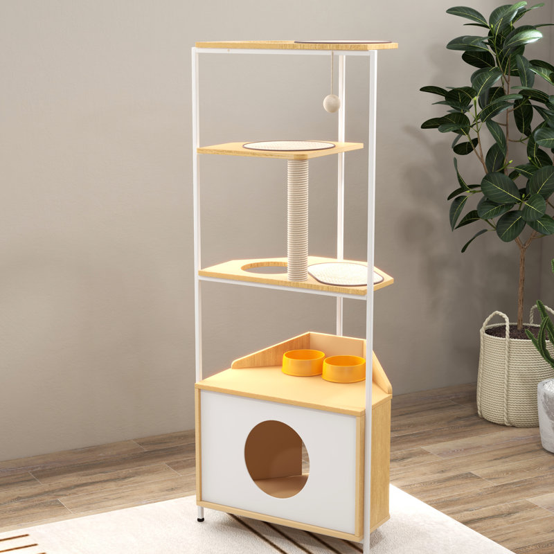 Arbre à chat avec poste d'alimentation et poteau à griffer, espace - blanc + chêne, coffre-fort amusant pour les chats d'intérieur