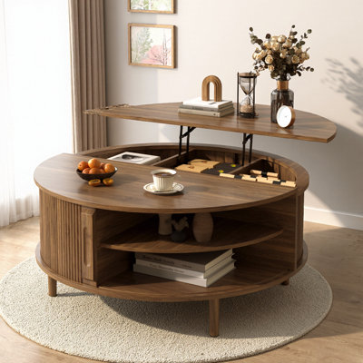39" Minimalist Round Lift-Top Coffee Table with Hidden Storage & Sliding Door, Solid Pine Wood Legs, Wood Wave Grain Finish, Modern Center Table for Living Room, Workstation & Dining