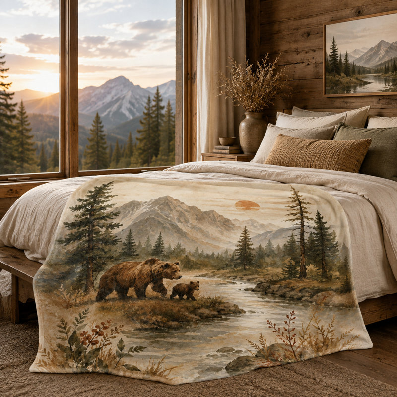 Plaid en flanelle « Ours et son ourson au coucher du soleil », avec ruisseau de montagne, forêt de pins et prairie d'automne, paysage animalier à l'aquarelle, pour canapé, lit ou chalet, 152 x 203 cm
