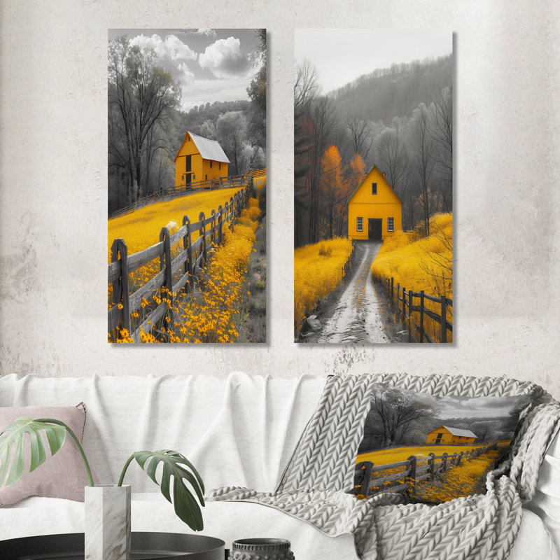 Ensemble de 2 pièces d'art mural jaune et gris Vista Barn I - Barn, Ne s’applique pas, Toile tendue sur cadre