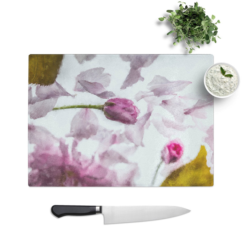 Tempered Glass Fallen Pink Petals Chopping Board, 28.5 cm x 39 cm
