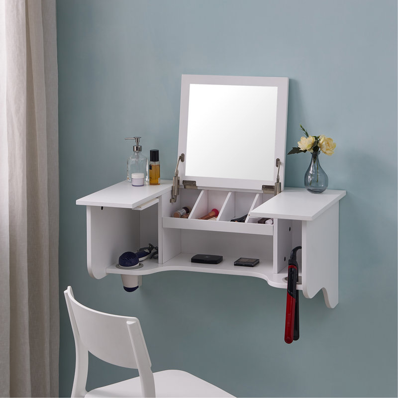 Rebord mural transitionnel blanc avec miroir - Économisez de l'espace pour vos accessoires de coiffure et de coiffage Accessoires de rangement, maquillage