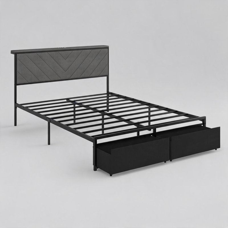 Queen Size Bed Frame with Drawer & Charging Station, Grey