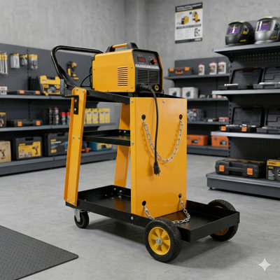 Multi-Purpose Three-Tier Welding Cart Designed For Gas Bottle And Accessory Storage. A Robust Cart Suitable For TIG, MIG Welders, And Plasma Cutters, Featuring Upgraded Handles And Enhanced Tank Storage Capacity.