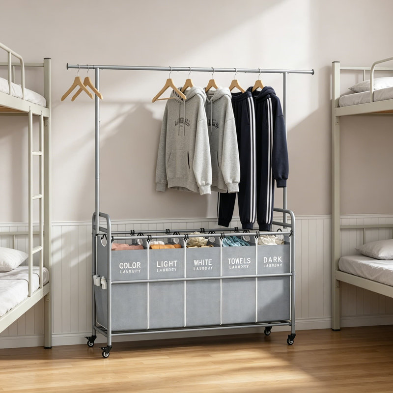 Laundry Hamper with Hanging Rack, 5 Section Laundry Sorter on Wheels with Removable Baskets and Hanging Bar, Rolling Laundry Cart for Bedroom or Bathroom, Heavy Duty Metal Frame, 246L Capacity