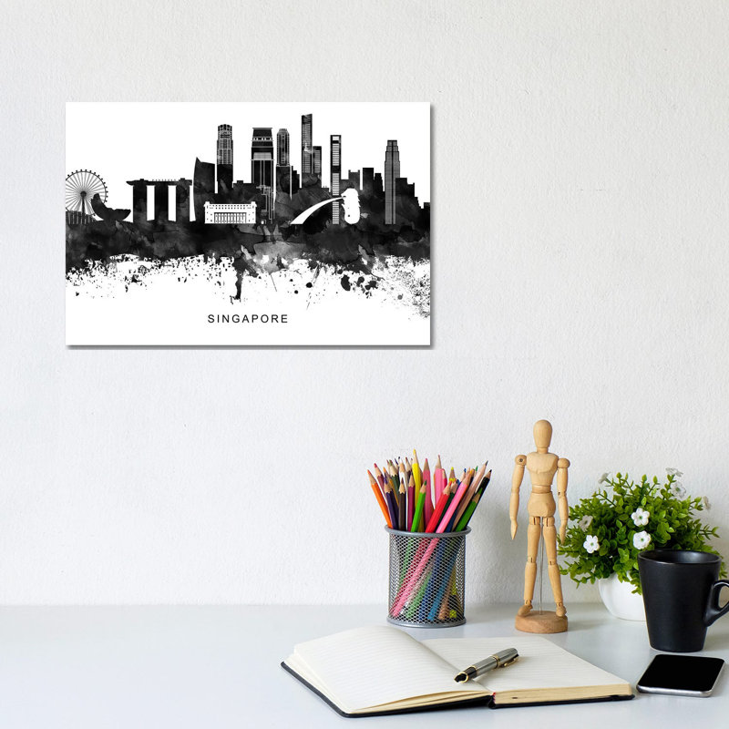 Singapore Skyline Black & White 1 Piece Wrapped Canvas Wall Art, 20.32cm H x 30.48cm W x 1.91cm D