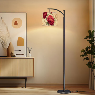 Lampe sur pied à arc avec abat-jour réglable pivoine rouge crème à motif floral de feuilles sur pied rétro avec 3 températures de couleur et haut gradateur avec interrupteur au pied pour la chambre à coucher