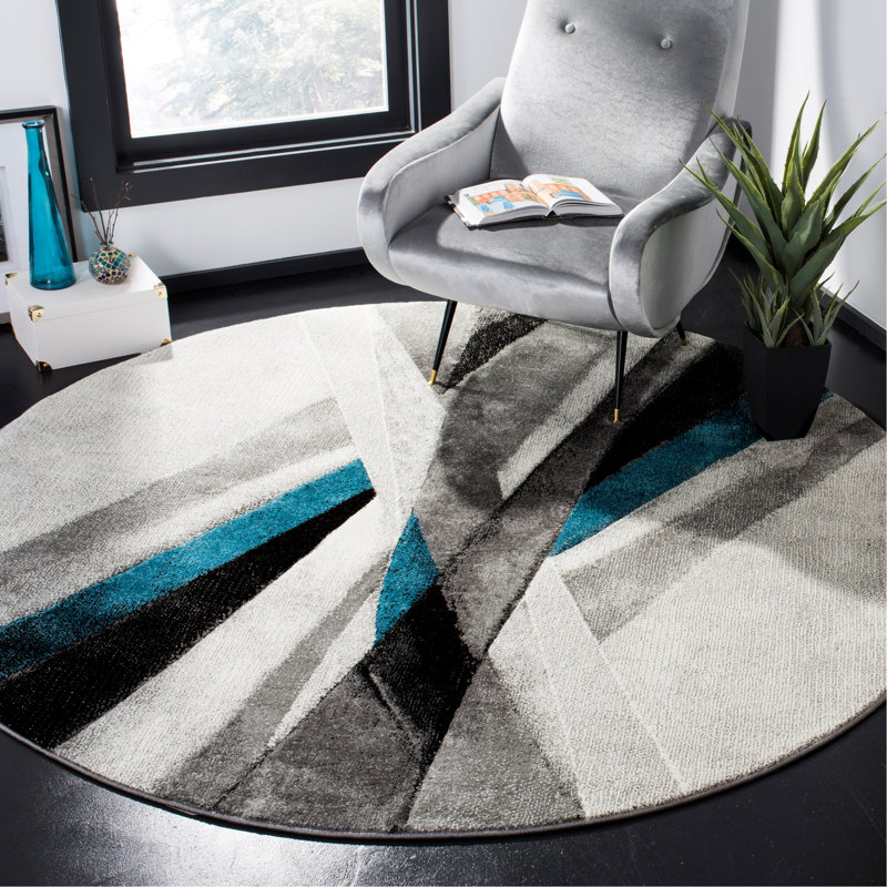 Tapis gris / bleu sarcelle à motif abstrait Vilica, Rond 4 pi