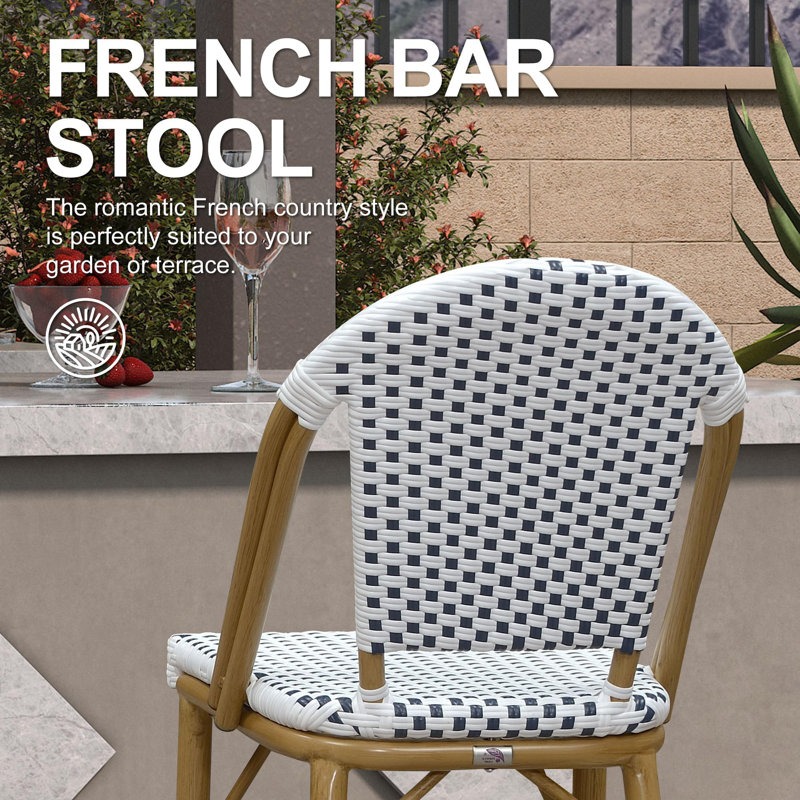 Ensemble de 2 tabourets de bar de style champêtre avec dossier en rotin, champagne / bambou, Bambou, Blanc / Bleu