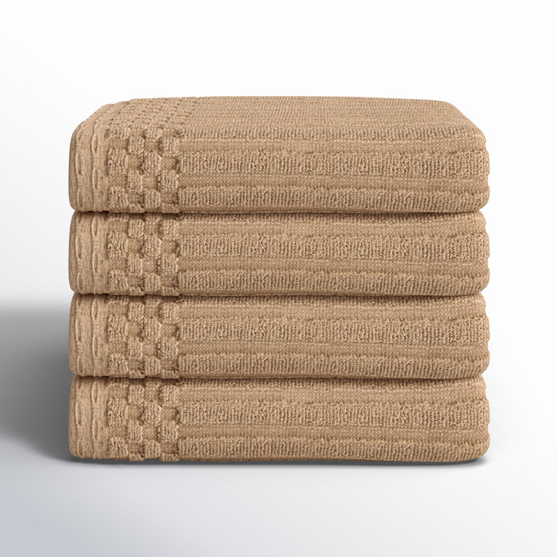 Kleiman Cotton Highly Absorbent Solid and Checkered Border Hand Towel Set, Light Brown