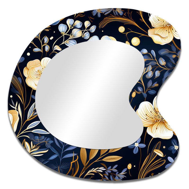 Motif de pivoines bleues et beiges - miroir asymétrique floral, miroir mural unique de forme irrégulière bleue, impression d'art en métal