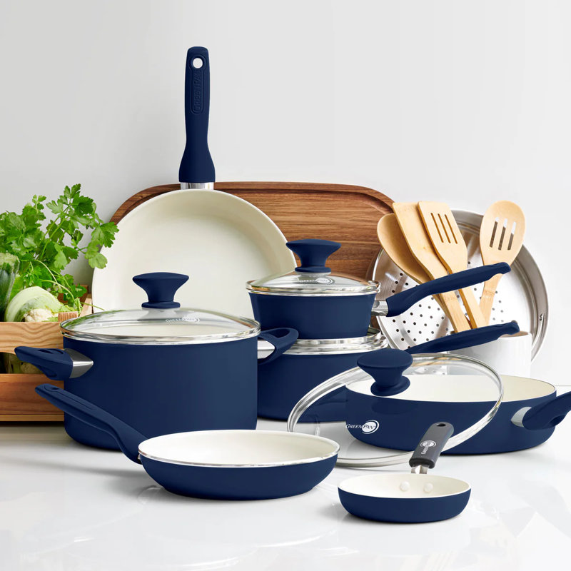 Blue 16-Piece Aluminum Nonstick Cookware Set with Glass Lids