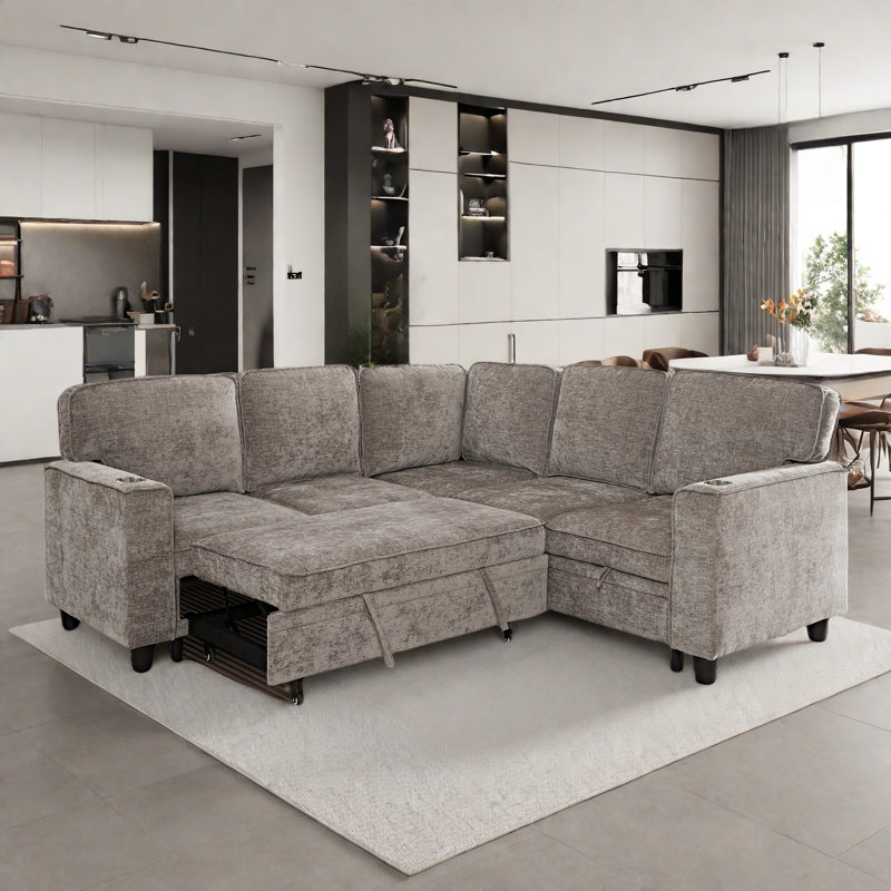 Canapé-lit modulaire coulissant en L avec charge USB, porte-gobelets et espace de rangement, Chenille brun clair