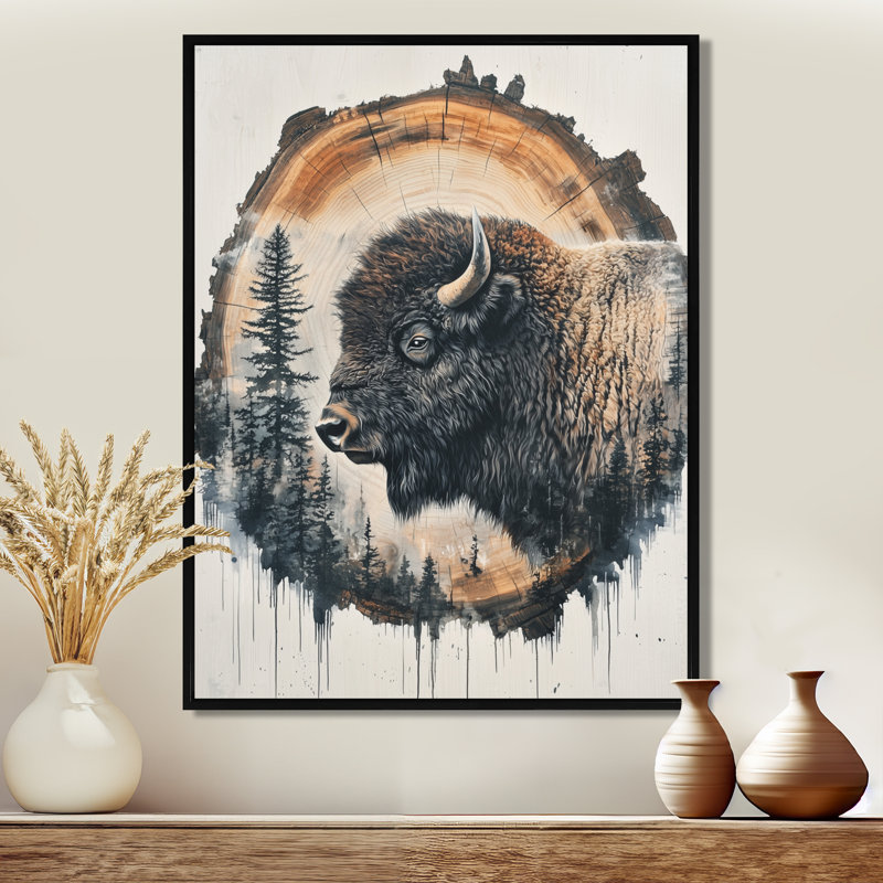 Tête de bison Geronda, Noir, Reproduction avec cadre flottant, H 20 po x l 12 po