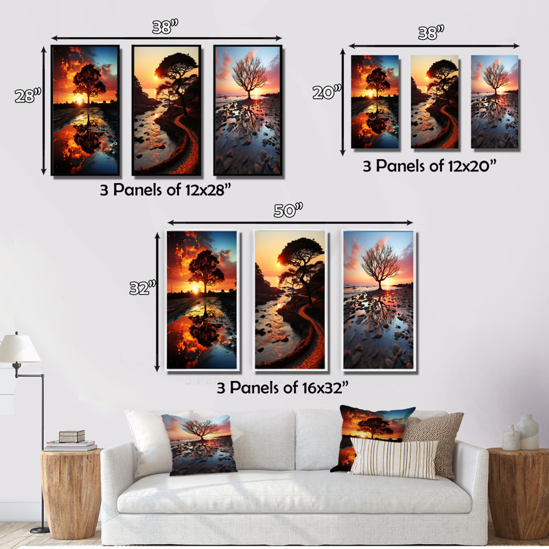 «Silence Of The Single Tree At Stunning Sunset», 3 pièces sur toile, Cadre flottant noir, H 36 po x l 20 po