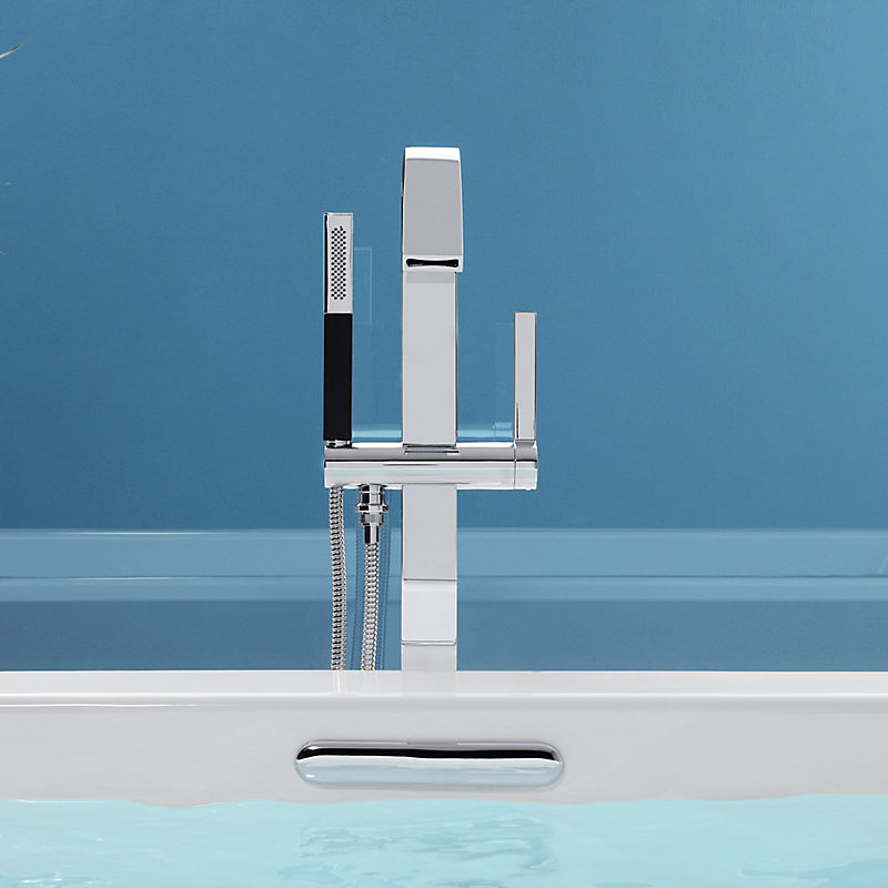 Loure Single Handle Floor Mounted Bath Filler with Hand Shower, Polished Chrome