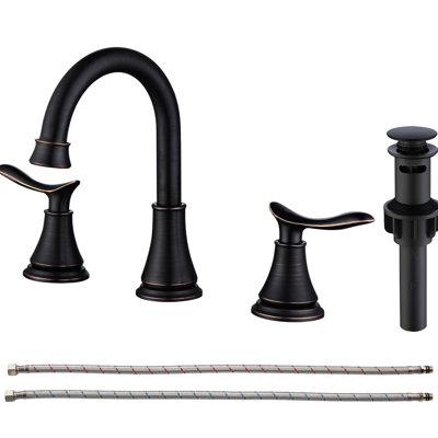 Bathroom Faucet 8" Widespread Oil Rubbed Bronze - 360 Swivel Spout, 2 Lavatory Sink With Pop Up Drain Assembly And Water Hoses 8 Inch 3 Hole Spout Supply