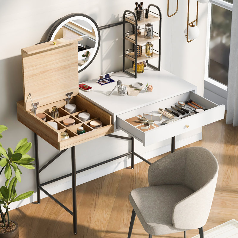 40" Makeup Vanity Desk with 3-Mode Lighted Mirror and Wireless Charging Station, White/Natural