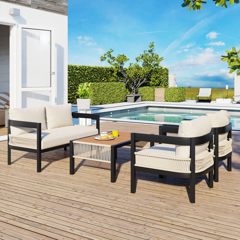 Ensemble de canapé d'extérieur en fer pour plusieurs personnes avec une table, Beige