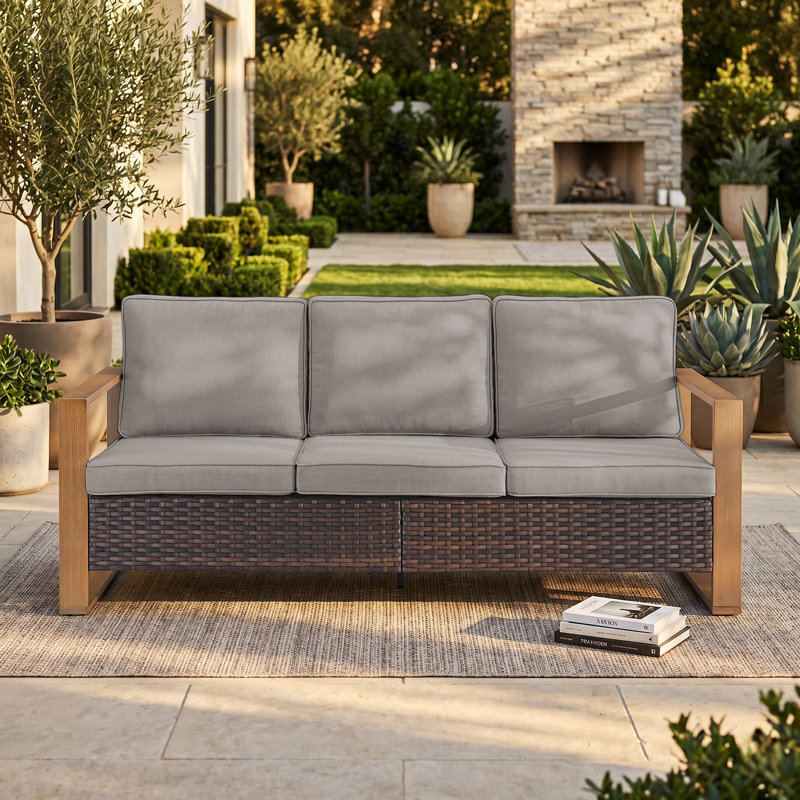 Allcot Patio Outdoor PE Wicker Sofa With Cushions, Gris, Brun