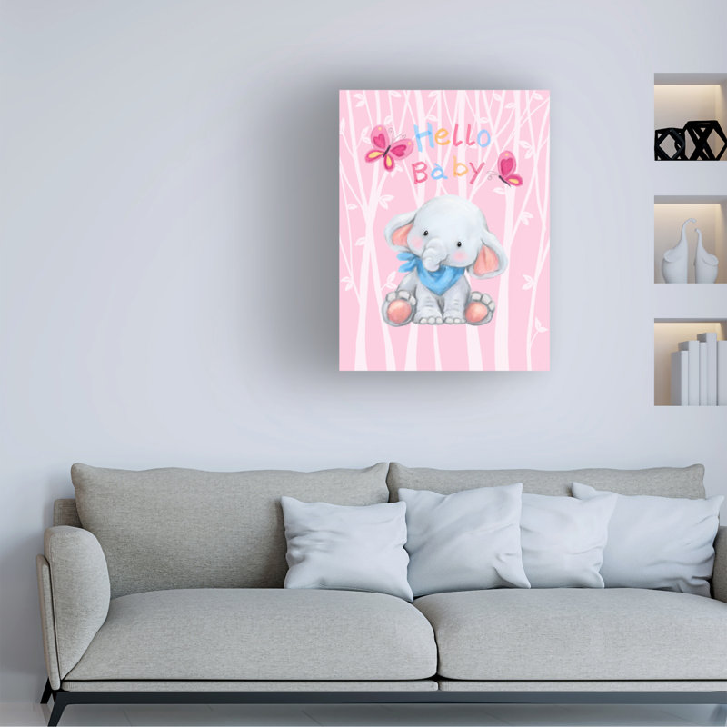 Art sur toile, bolognaise, bébé éléphant et papillon, H 35 po x l 47 po