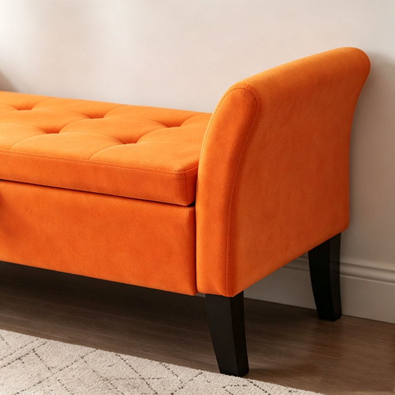 Tufted Velvet Storage Bench with Curved Arms & Solid Wood Legs, Orange