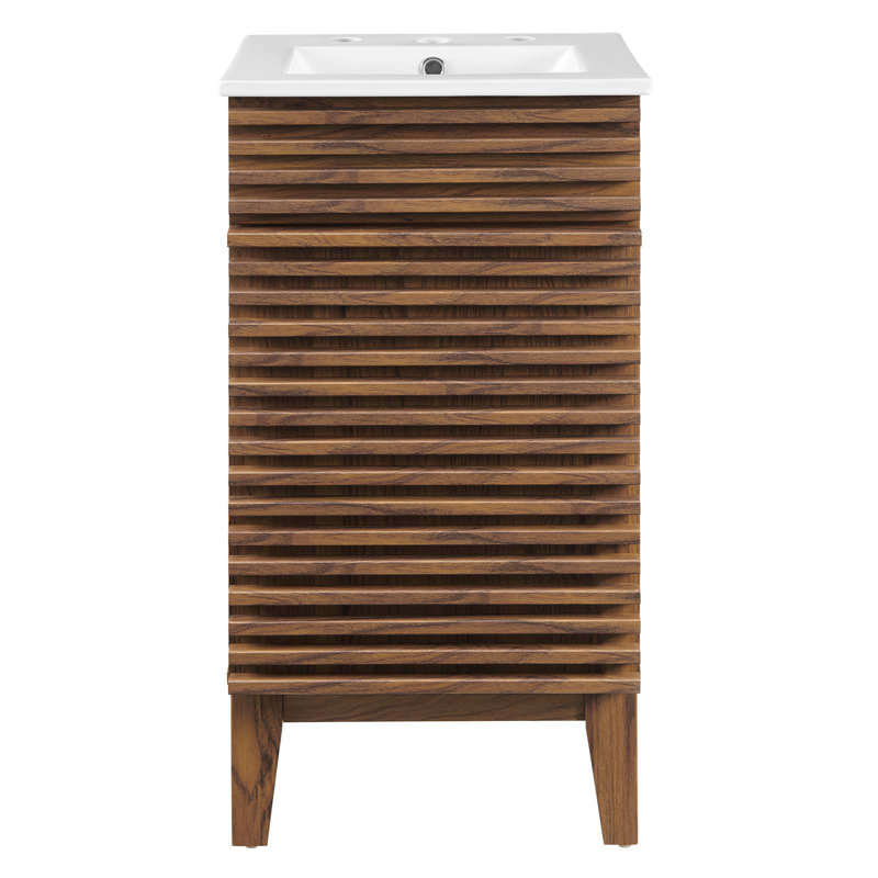 Walnut and White Mid-Century Modern Bathroom Vanity with Ceramic Sink