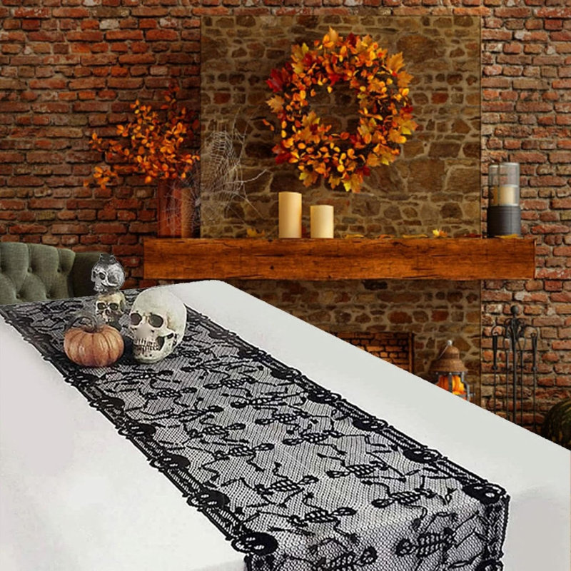 Halloween Table Cloth, Halloween Decorations, Table Runner, 200x50cm Lace Skeleton Tablecloth for Kitchen, Evening Party, Dinner Supplies